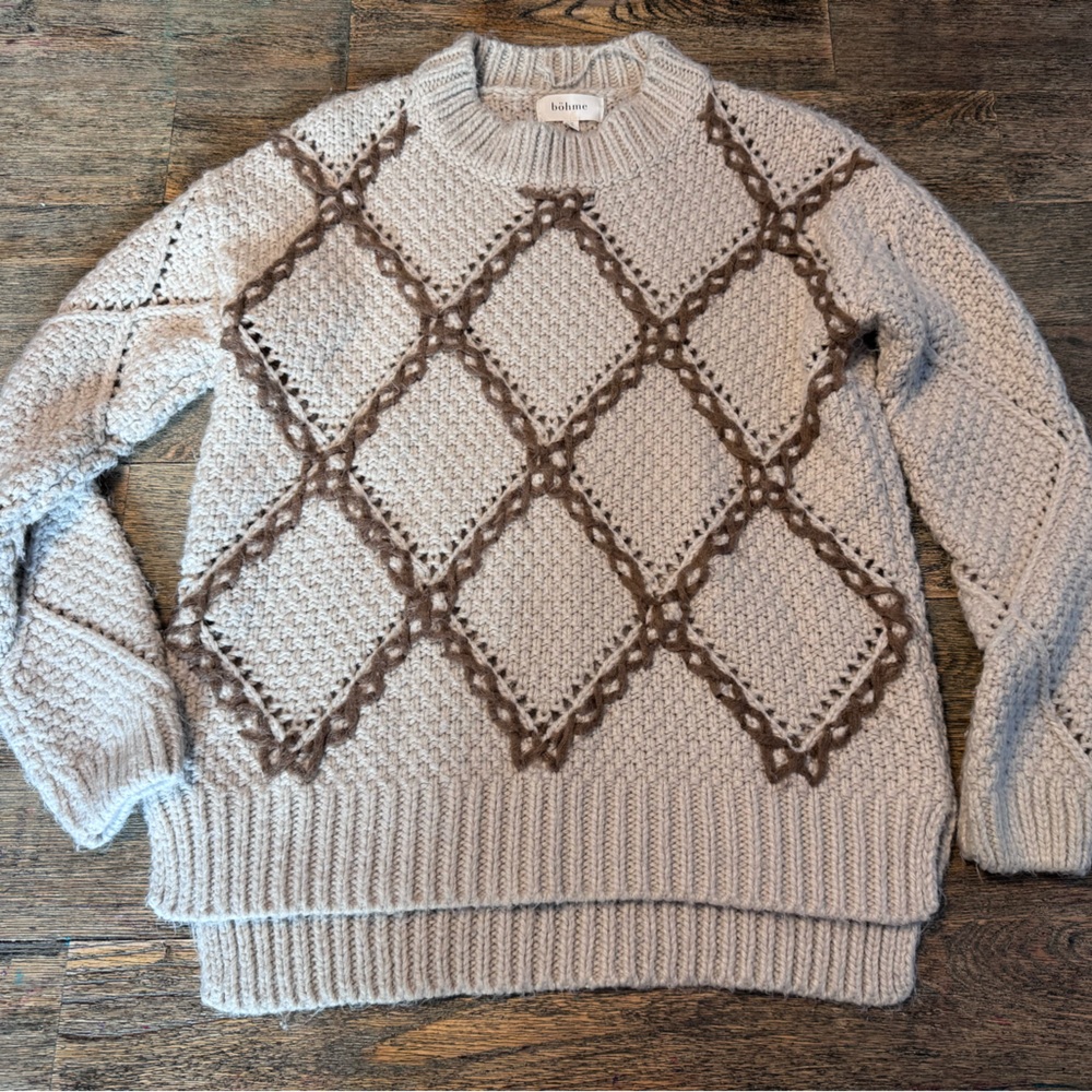 Anthropologie Bohme Cream and Brown Diamond Knit Sweater Co